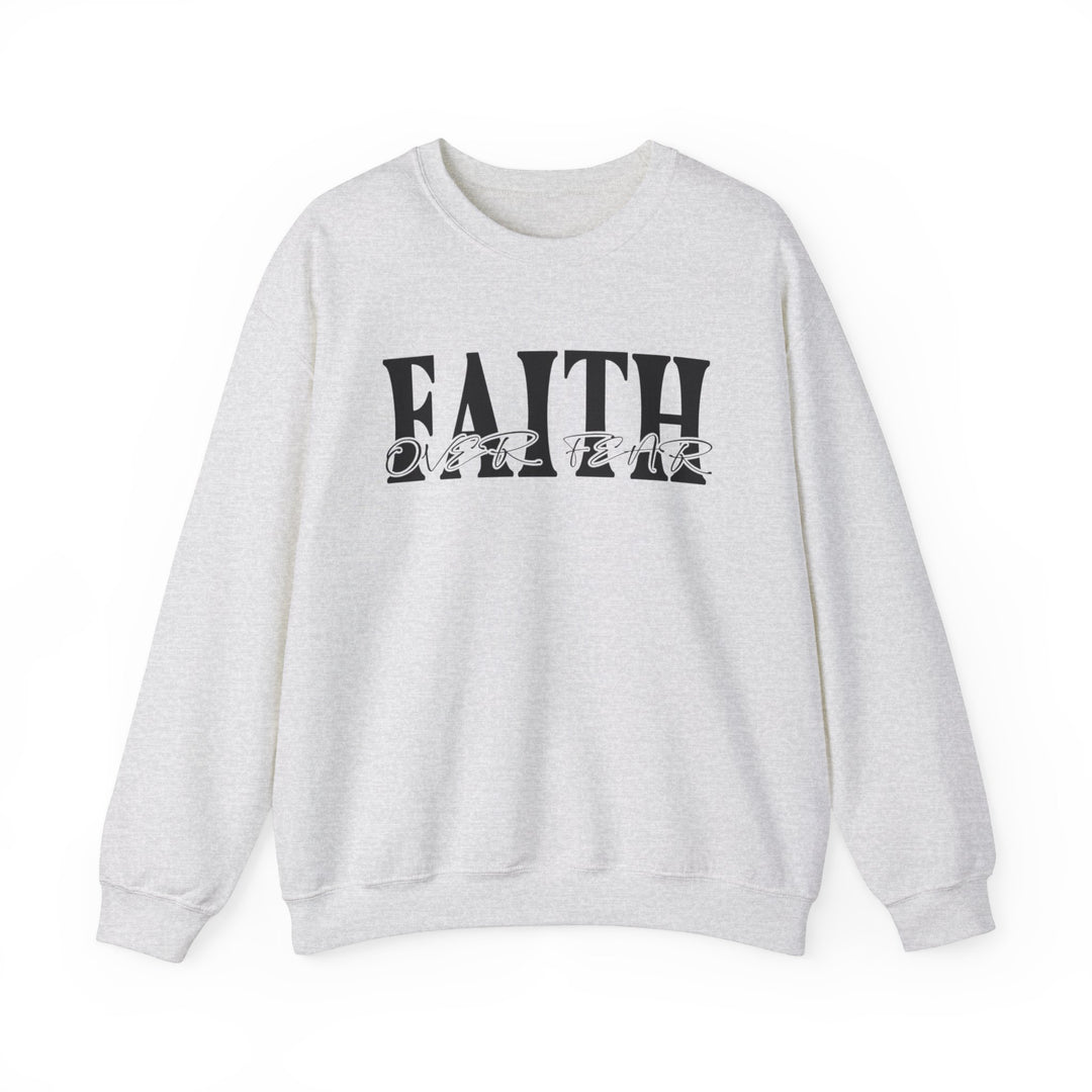 A white crewneck sweatshirt with black text, featuring the title Faith Over Fear Crew. Unisex, heavy blend fabric for comfort, ribbed knit collar, no itchy side seams. Ideal for any situation.