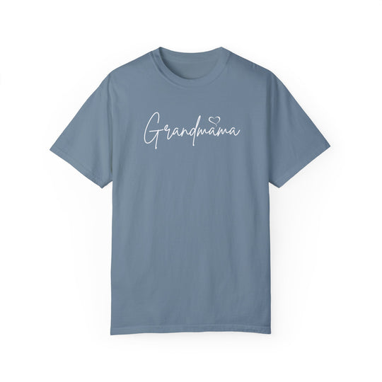 Grandmama Tee: A soft, garment-dyed t-shirt in blue with white text. Made of 100% ring-spun cotton for coziness. Features a relaxed fit, double-needle stitching, and no side-seams for durability and shape retention. From Worlds Worst Tees.