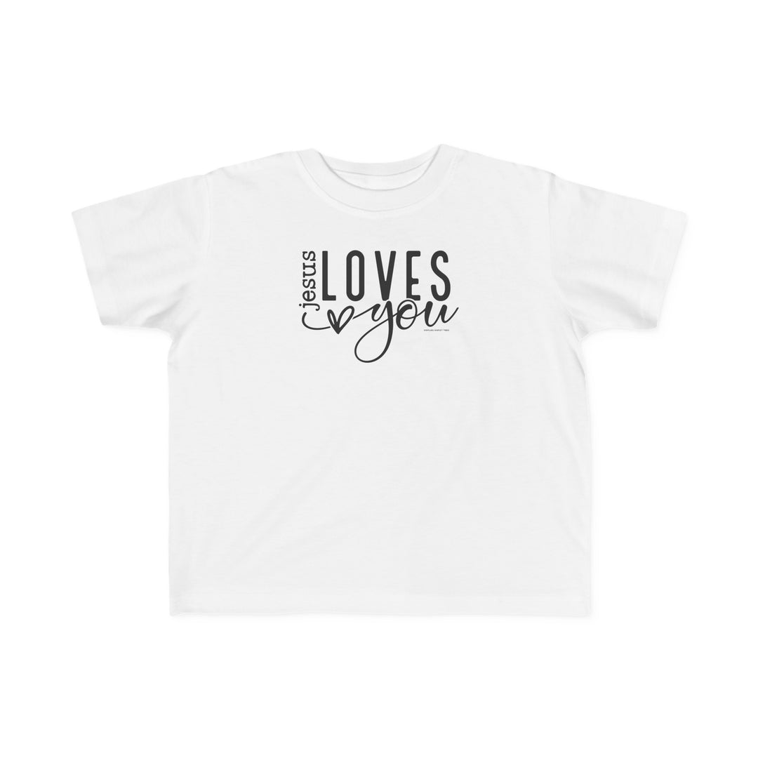 Toddler tee with Jesus Loves You text, ideal for sensitive skin. Made of 100% combed ringspun cotton, light fabric, classic fit, tear-away label, true to size. Perfect for first ventures.
