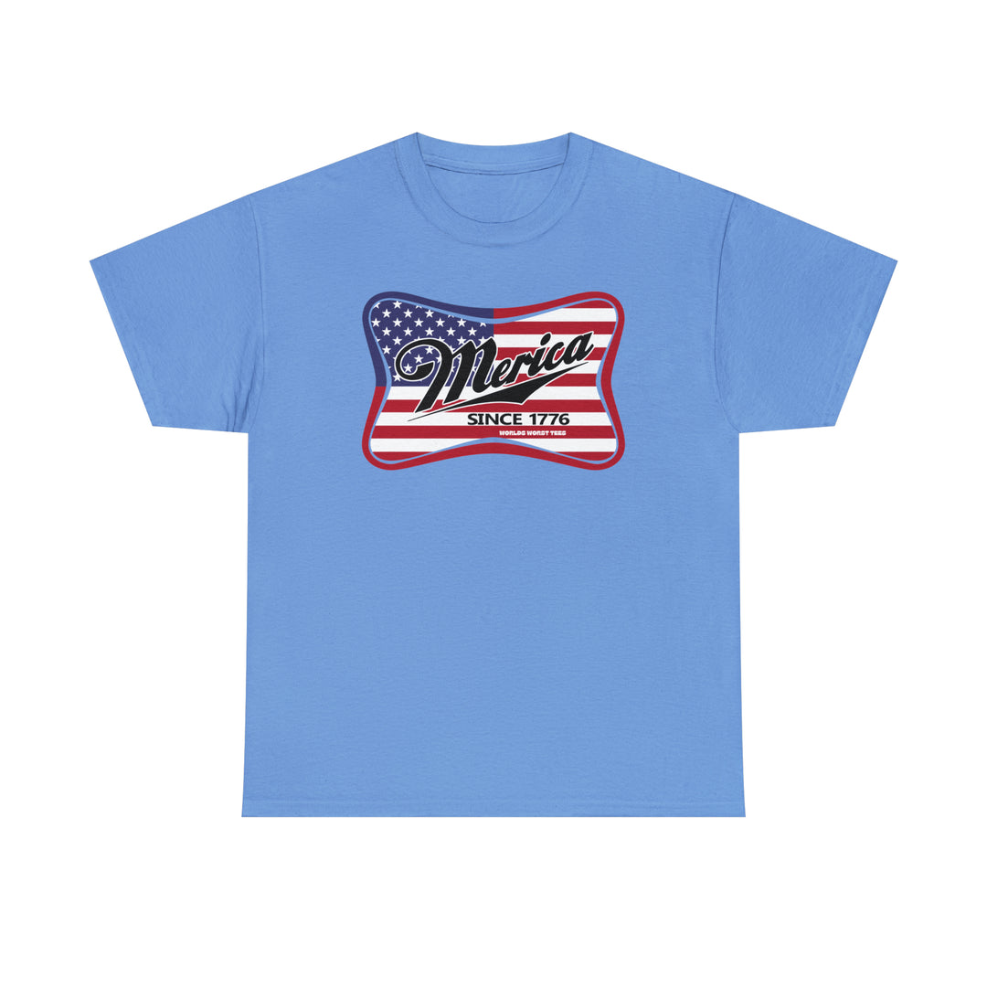A staple Merica Tee in blue with a flag and text design. Unisex heavy cotton tee with no side seams for comfort, tape on shoulders for durability, and ribbed knit collar. Sizes from S to 5XL.