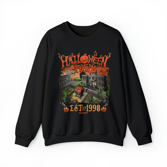 A black Halloweentown Crew sweatshirt featuring a pumpkin and train graphic. Unisex heavy blend with ribbed knit collar, loose fit, and no itchy side seams. Ideal for comfort in a medium-heavy fabric.