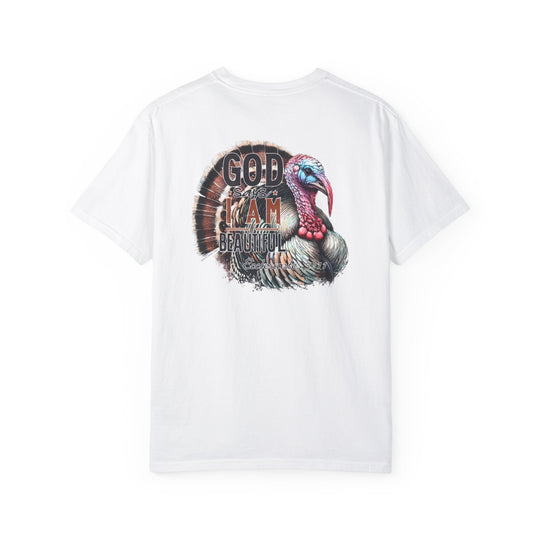 Alt text: I am Beautiful Tee: White shirt with a turkey design, made of 100% ring-spun cotton. Relaxed fit, double-needle stitching for durability, and seamless sides for a tubular shape. From Worlds Worst Tees.