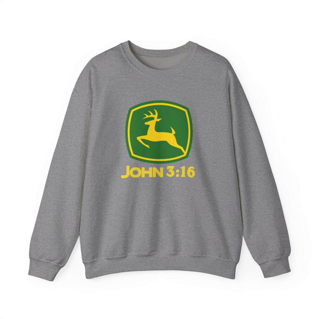 John 3:16 Crew sweatshirt featuring a playful twist on the John Deere logo, combining comfort with a unique, faith-inspired graphic design.