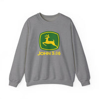 John 3:16 Crew sweatshirt featuring a playful twist on the John Deere logo, combining comfort with a unique, faith-inspired graphic design.