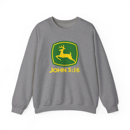 John 3:16 Crew sweatshirt featuring a playful twist on the John Deere logo, combining comfort with a unique, faith-inspired graphic design.