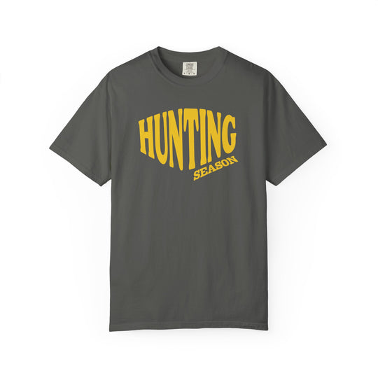 Charcoal short-sleeve T-shirt with “HUNTING SEASON” in bold yellow font, showcasing a relaxed fit and durable stitching for comfort.