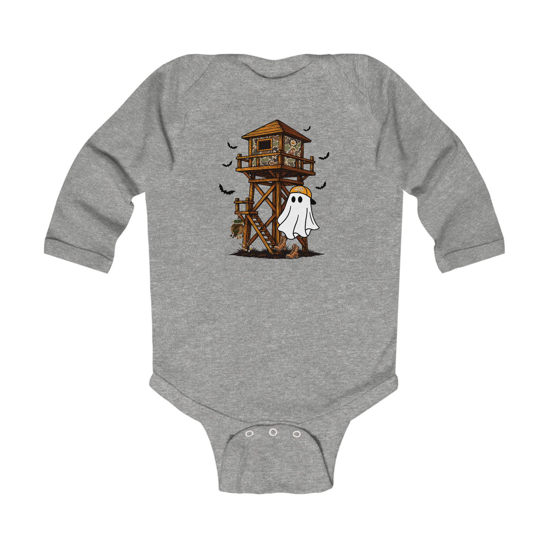 Heather-gray Ghost Hunter Long Sleeve Onesie with a camo deer stand, friendly ghost in an orange cap, and bats. Durable, soft fabric for babies.