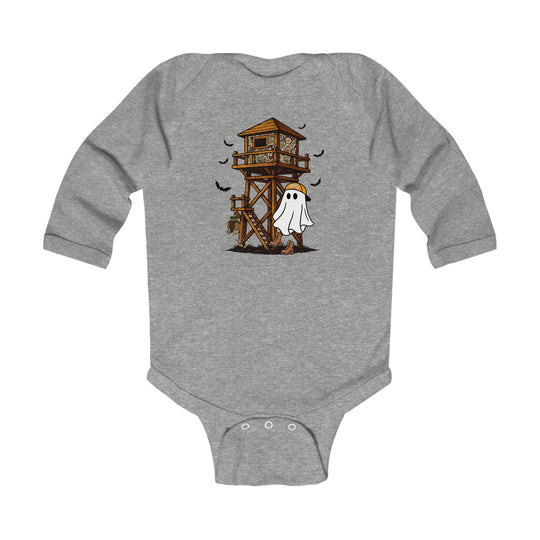 Heather-gray Ghost Hunter Long Sleeve Onesie with a camo deer stand, friendly ghost in an orange cap, and bats. Durable, soft fabric for babies.