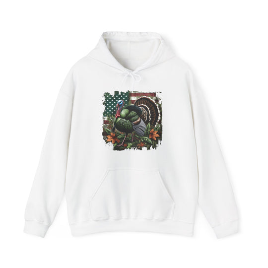 A white hoodie featuring a turkey design, ideal for relaxation. Made of a cotton-polyester blend, with a kangaroo pocket and drawstring hood. Unisex, medium-heavy fabric, tear-away label, true to size.