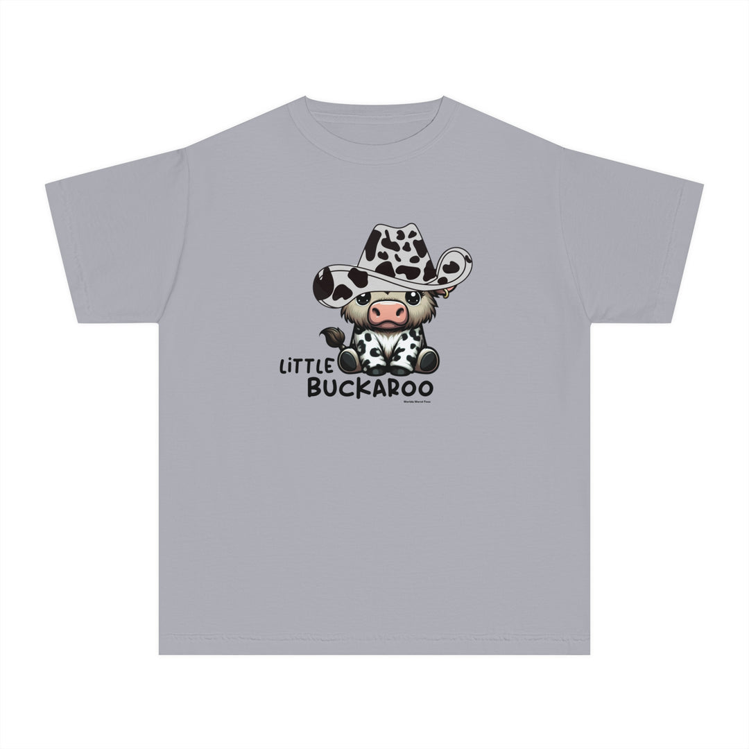 A Buckaroo Kids Tee featuring a cartoon cow in a cowboy hat. Made of 100% combed ringspun cotton, soft-washed, and garment-dyed for comfort and durability. Ideal for active kids.