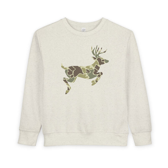 Camo Deer Toddler Crew sweatshirt with a leaping deer silhouette in woodland camouflage, designed for warmth and comfort with durable ribbed cuffs and waistband.