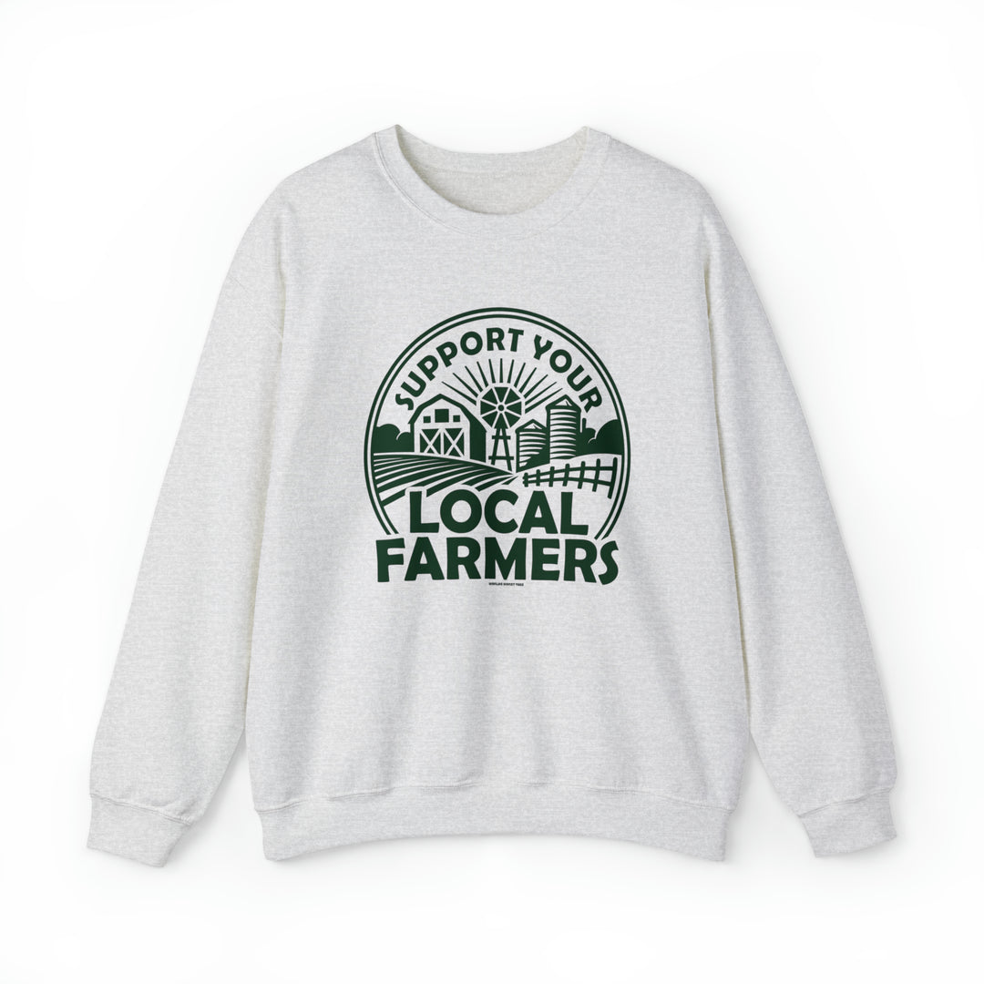 A white crewneck sweatshirt featuring green text, ideal for supporting local farmers. Unisex, heavy blend fabric with ribbed knit collar, no itchy seams, and a loose fit. Made of 50% cotton, 50% polyester.