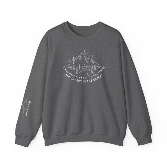 A unisex heavy blend crewneck sweatshirt, featuring a logo of mountains and trees, made from 50% cotton and 50% polyester fabric for cozy comfort and durability. No itchy side seams, ribbed knit collar, and tear-away label.