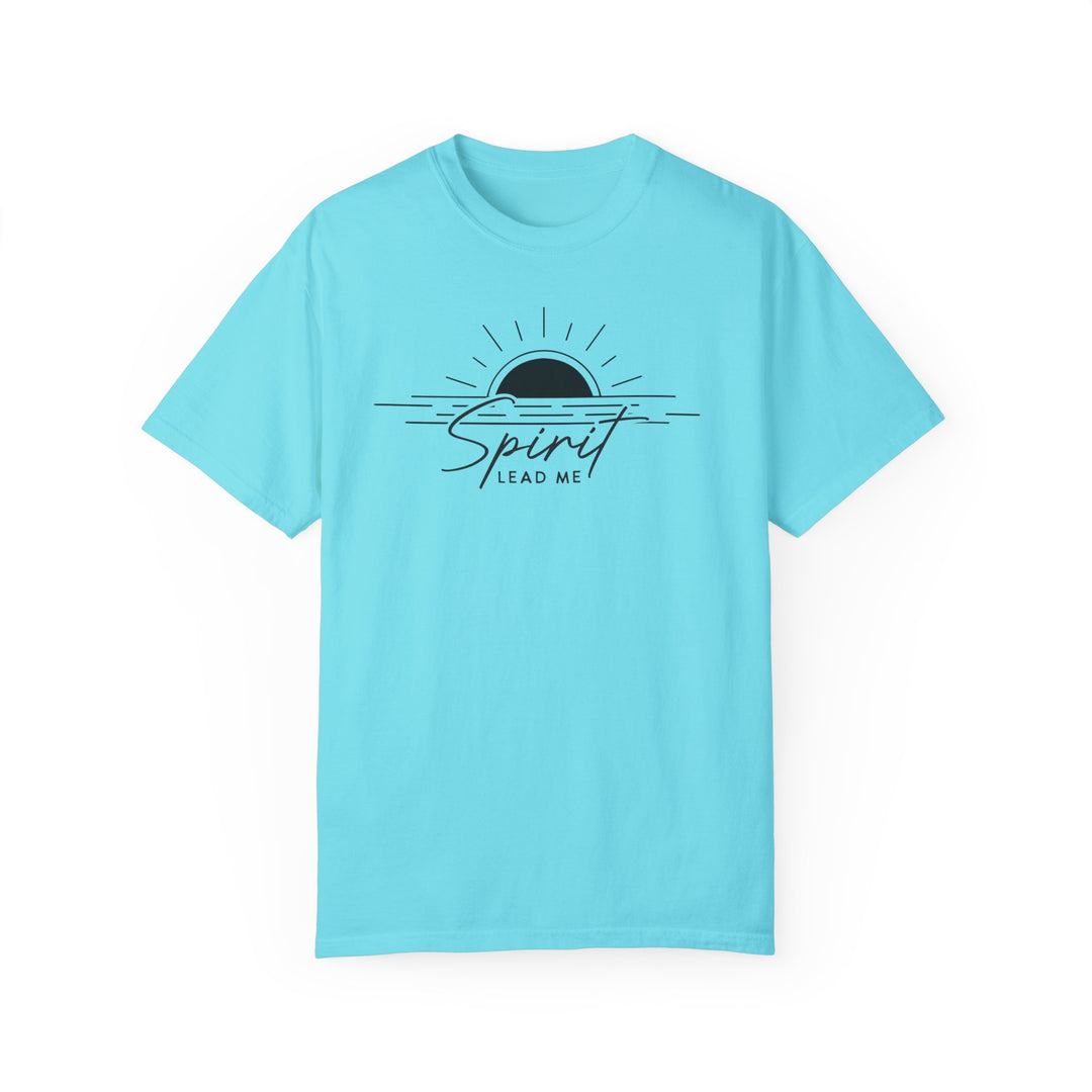 A relaxed fit Spirit Lead Me Tee, garment-dyed in blue with a logo of a sun and water. Made of 100% ring-spun cotton for coziness, featuring double-needle stitching for durability. Dimensions: S - XL available.