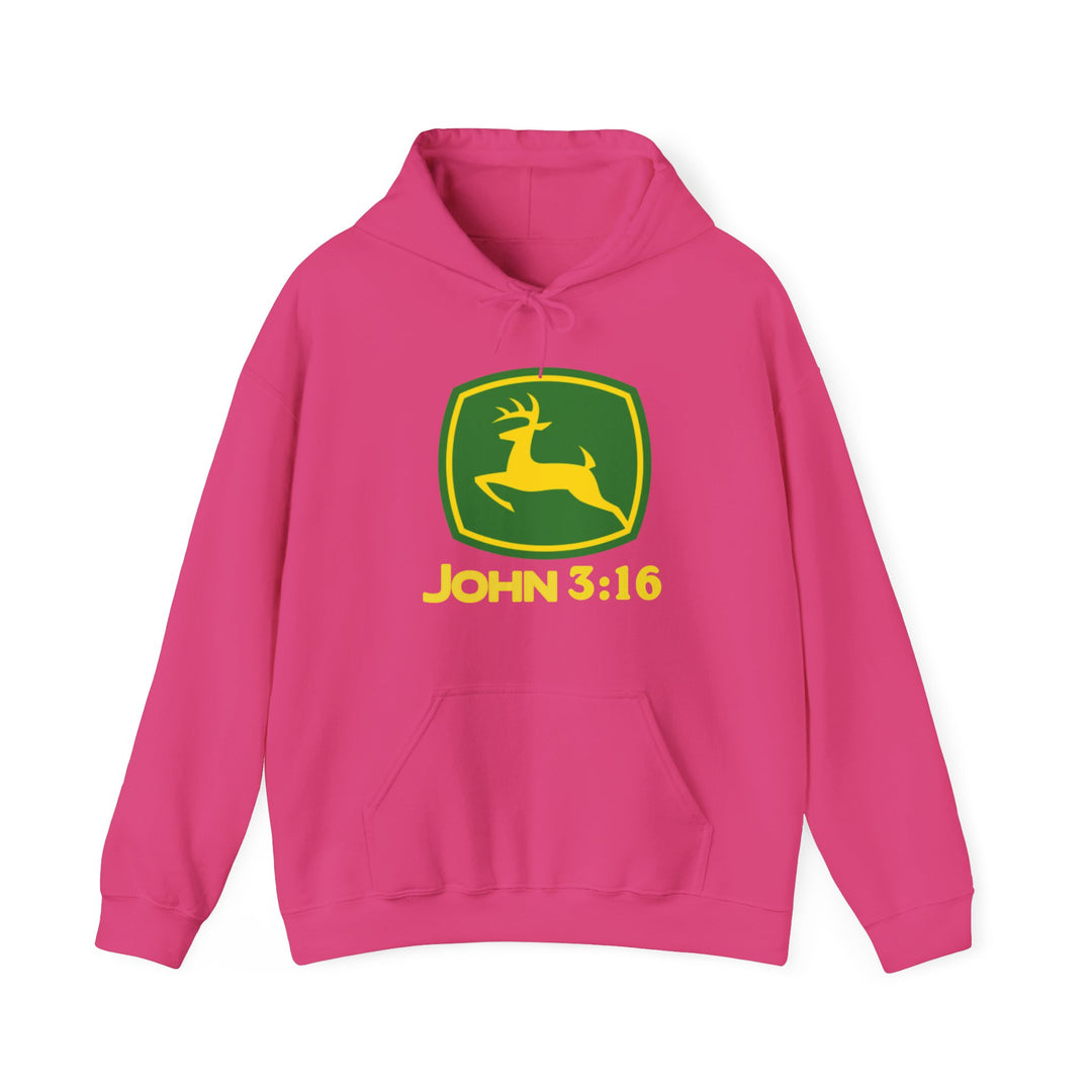 Bright pink John 3:16 hoodie with yellow stylized deer logo, featuring a kangaroo pocket and matching drawstring, designed for comfort and warmth.