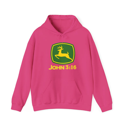 Bright pink John 3:16 hoodie with yellow stylized deer logo, featuring a kangaroo pocket and matching drawstring, designed for comfort and warmth.