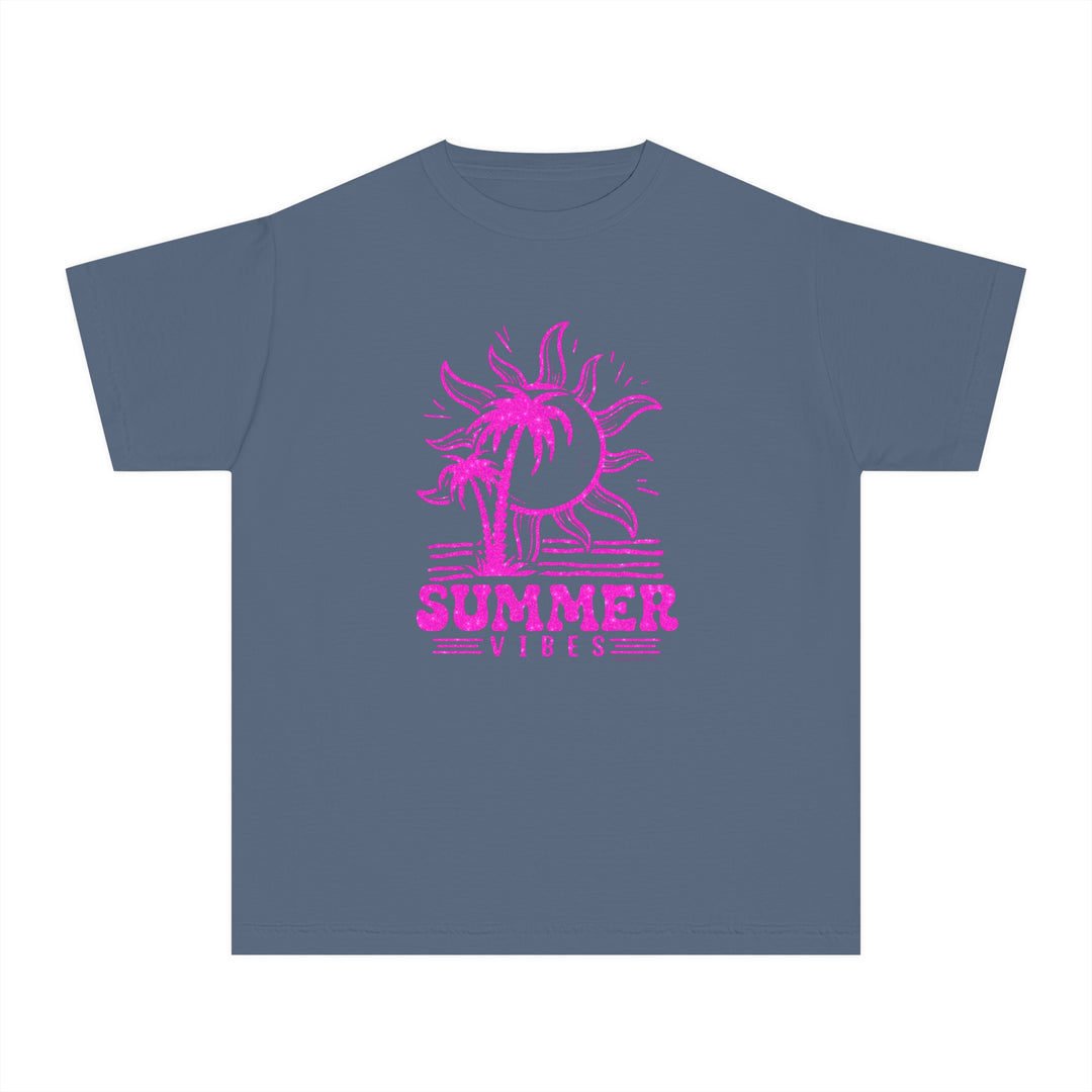 A Summer Vibes Kids Tee with a pink palm tree and sun graphic design on light fabric. Made of 100% combed ringspun cotton for comfort and agility, perfect for active kids. Classic fit for all-day wear.