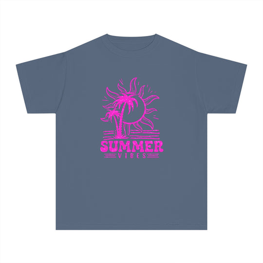 A Summer Vibes Kids Tee with a pink palm tree and sun graphic design on light fabric. Made of 100% combed ringspun cotton for comfort and agility, perfect for active kids. Classic fit for all-day wear.