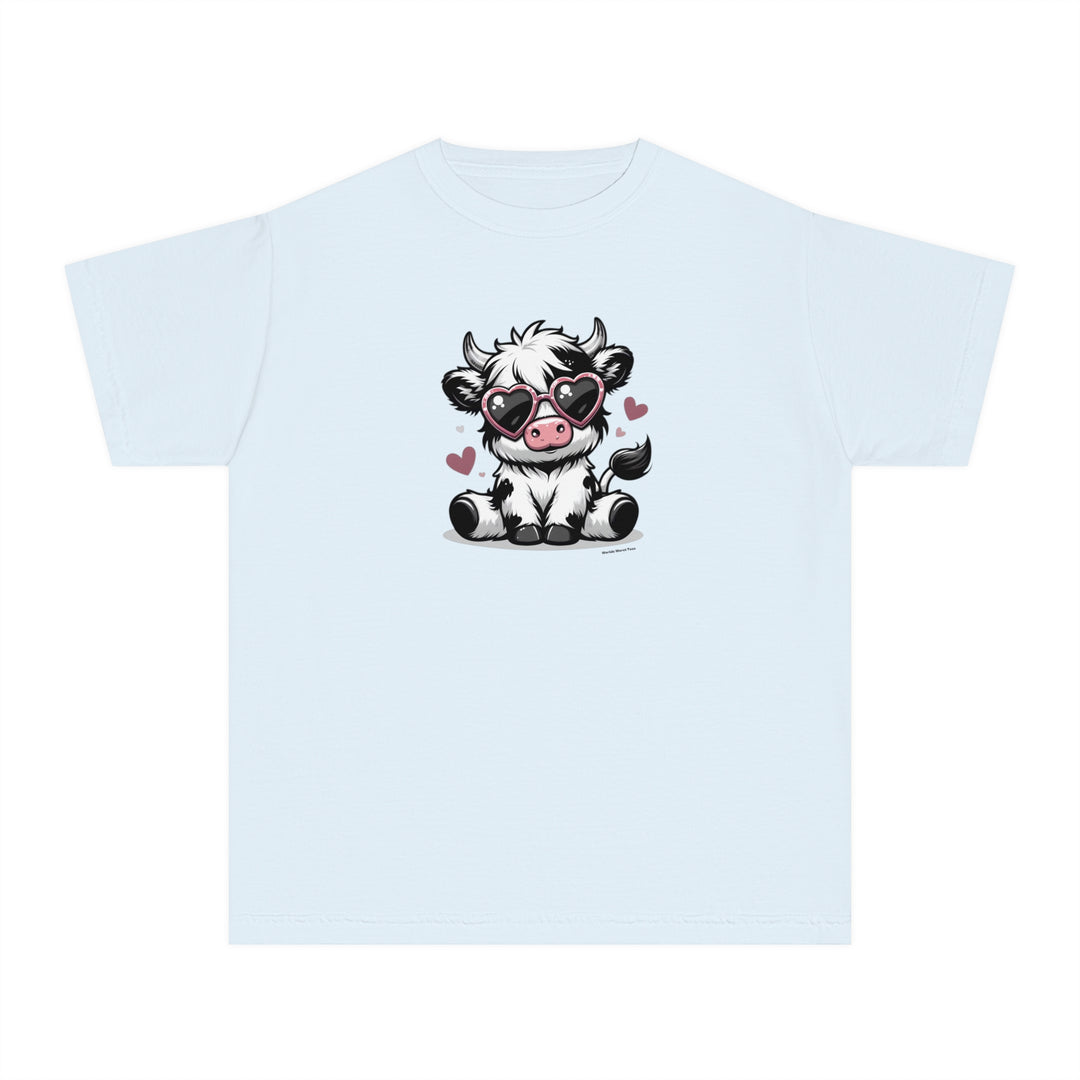 A white kids' tee featuring a cute cartoon cow in sunglasses. Made of soft combed cotton for comfort and agility. Ideal for active days with a classic fit.