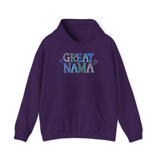 Great Nama Hoodie: Unisex purple sweatshirt with kangaroo pocket and matching hood drawstring. Cotton-polyester blend, cozy and warm for cold days. Medium-heavy fabric, classic fit, tear-away label.