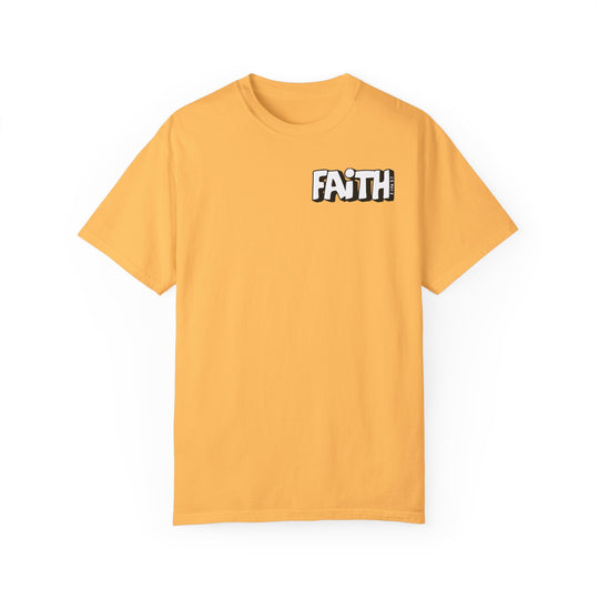 Walk By Faith Not By Sight Tee: Yellow t-shirt with logo, made of 100% ring-spun cotton. Garment-dyed for extra coziness, featuring a relaxed fit and durable double-needle stitching. From Worlds Worst Tees.