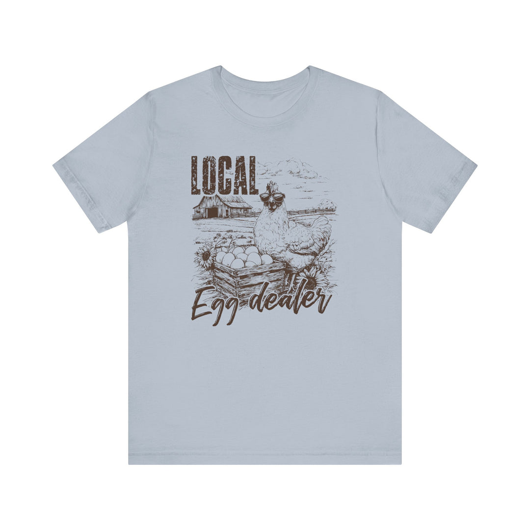 Local Egg Dealer Tee, a classic unisex jersey short sleeve t-shirt with a crew neckline, soft cotton fabric, and ribbed knit collars for a comfortable fit.