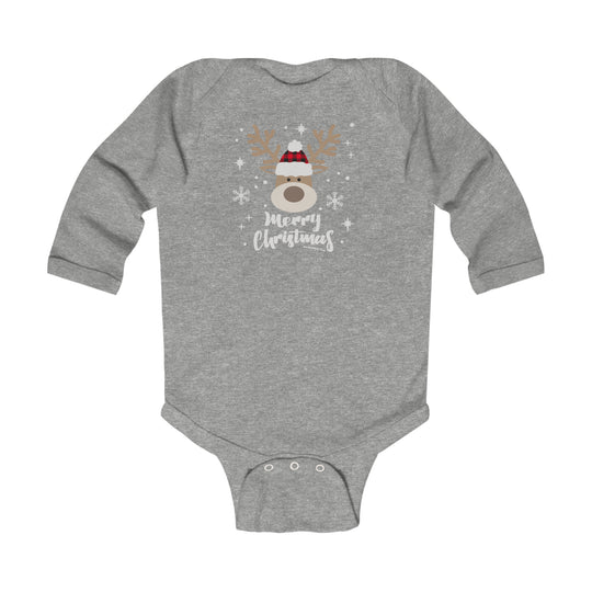 A grey baby bodysuit featuring a reindeer design, perfect for infants. Made of soft, durable cotton with plastic snaps for easy changing. Ideal for a festive touch with a Boy Christmas Deer Onesie theme.