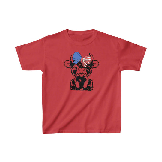 Kids 4th of July Family Cowgirl Tee, red shirt with cartoon cow design. 100% cotton, light fabric, classic fit, durable twill tape shoulders, curl-resistant ribbed collar. Ideal for everyday wear.