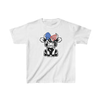 A kids' white t-shirt featuring a cartoon cow with a blue bow, ideal for everyday wear. Made of 100% cotton, with twill tape on shoulders for durability and a curl-resistant collar. From 'Worlds Worst Tees'.