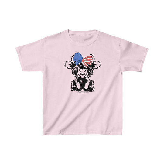 Kids 4th of July Family Cowgirl Tee with cartoon cow design. 100% cotton, light fabric, classic fit. Twill tape shoulders, ribbed collar, seamless sides. Ideal for everyday wear.