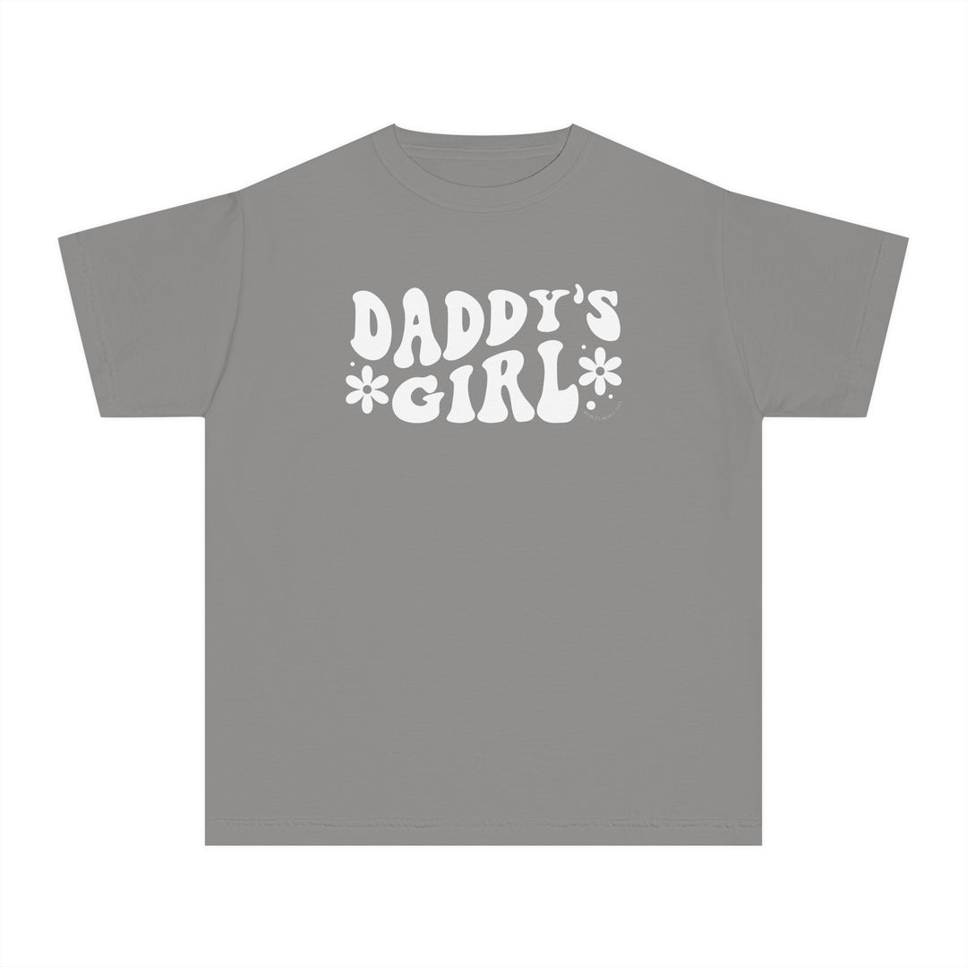 Kid's tee shirt featuring Daddy's Girl design. Grey t-shirt with white text. 100% combed ringspun cotton for comfort. Classic fit, ideal for active kids. Light fabric, soft-washed, and garment-dyed.
