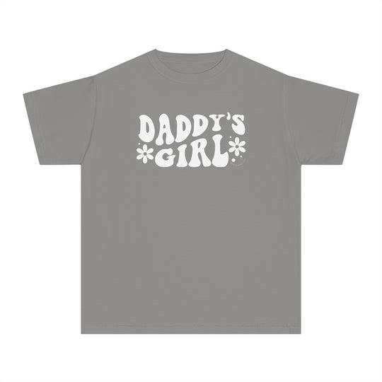 Kid's tee shirt featuring Daddy's Girl design. Grey t-shirt with white text. 100% combed ringspun cotton for comfort. Classic fit, ideal for active kids. Light fabric, soft-washed, and garment-dyed.