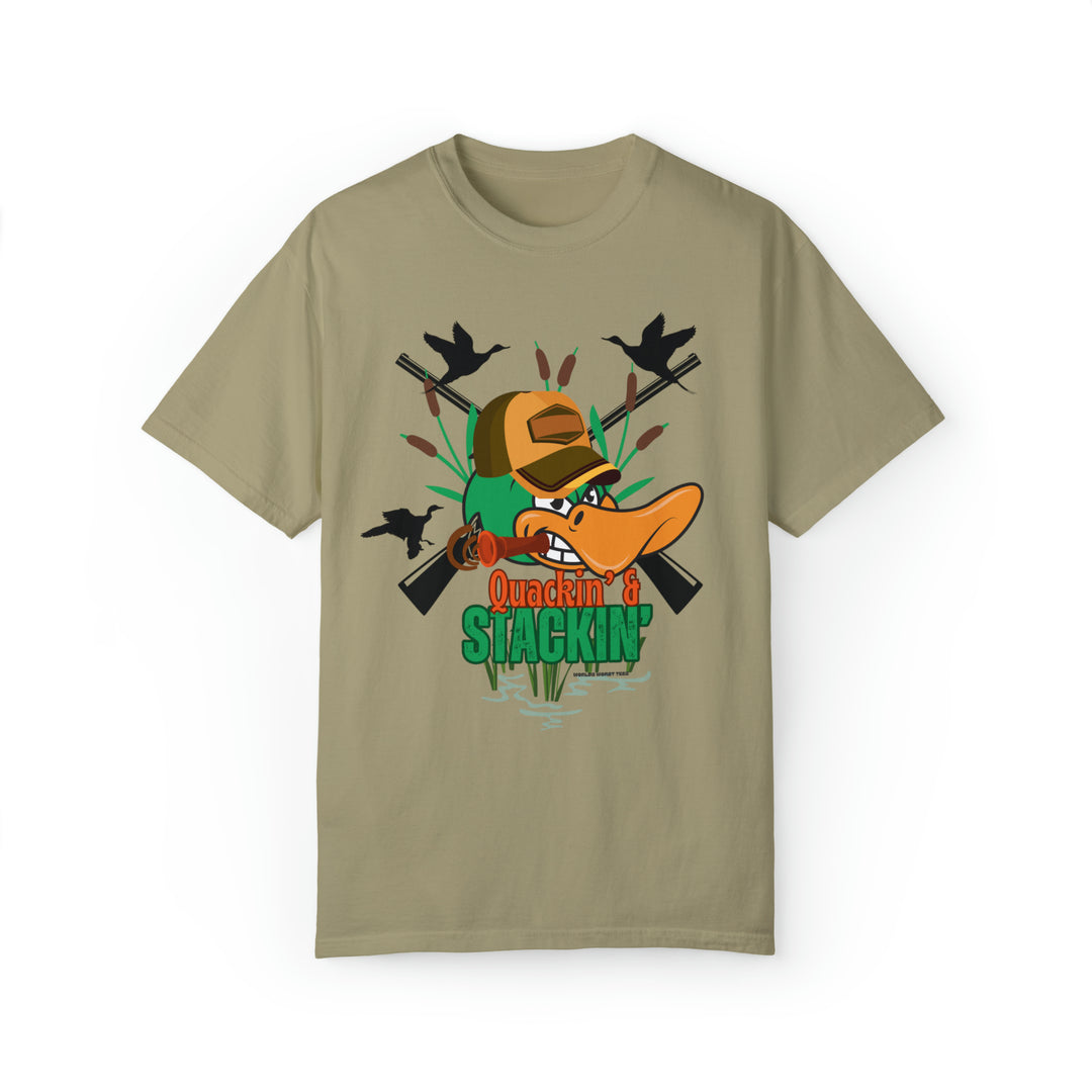 Alt text: Quackin' and Stackin' Tee: Unisex t-shirt featuring a duck head with a hat design on a garment-dyed fabric blend of 80% ring-spun cotton and 20% polyester. Relaxed fit with rolled-forward shoulder.
