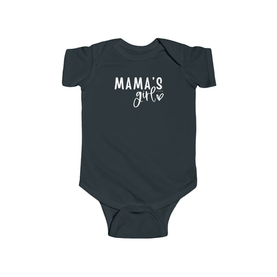 A black baby bodysuit with white text, Mama's Girl Onesie, from Worlds Worst Tees. Features 100% cotton fabric, ribbed knit bindings, and plastic snaps for easy changing. Infant fine jersey design.