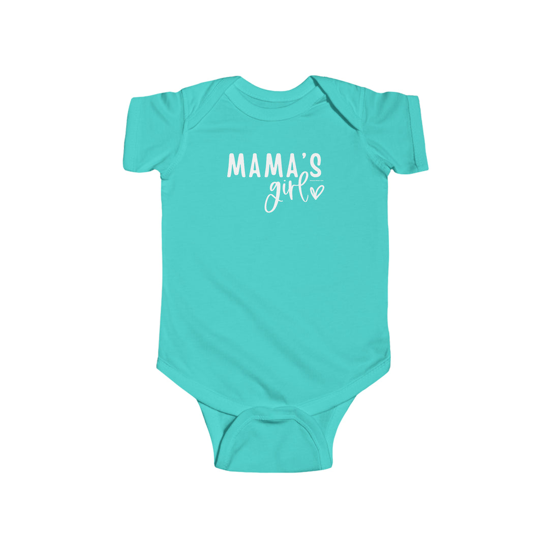 A durable and soft infant fine jersey bodysuit, featuring plastic snaps for easy changing access. Made of 100% cotton, with ribbed knitting for durability. Title: Mama's Girl Onesie.