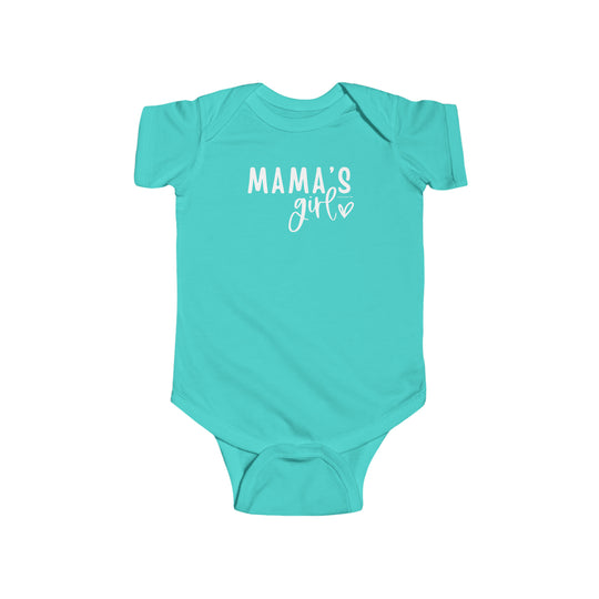 A durable and soft infant fine jersey bodysuit, featuring plastic snaps for easy changing access. Made of 100% cotton, with ribbed knitting for durability. Title: Mama's Girl Onesie.