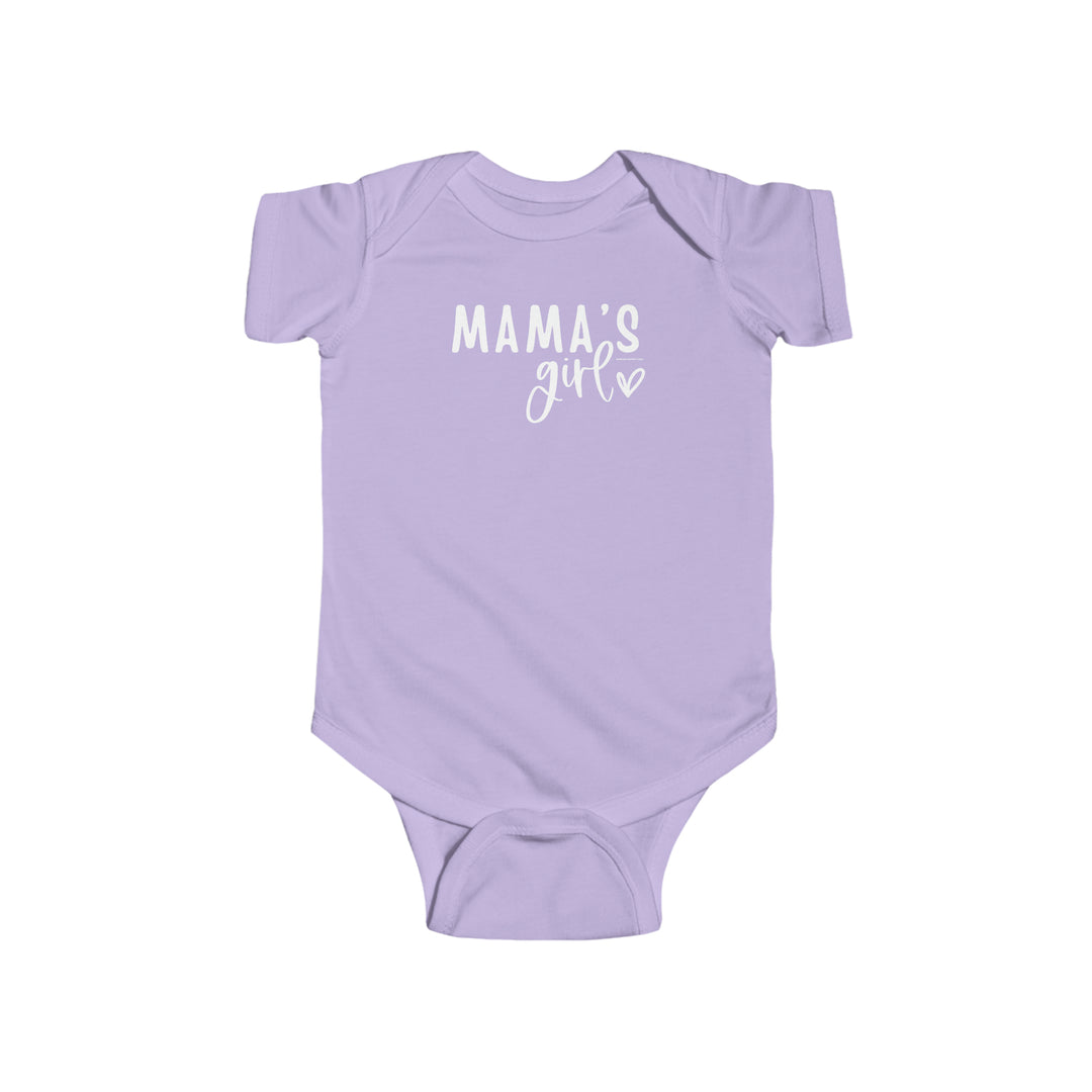 A purple baby bodysuit with white text, featuring Mama's Girl Onesie. Infant fine jersey bodysuit, 100% cotton fabric, ribbed knit bindings, plastic snaps for easy changing access. From Worlds Worst Tees.