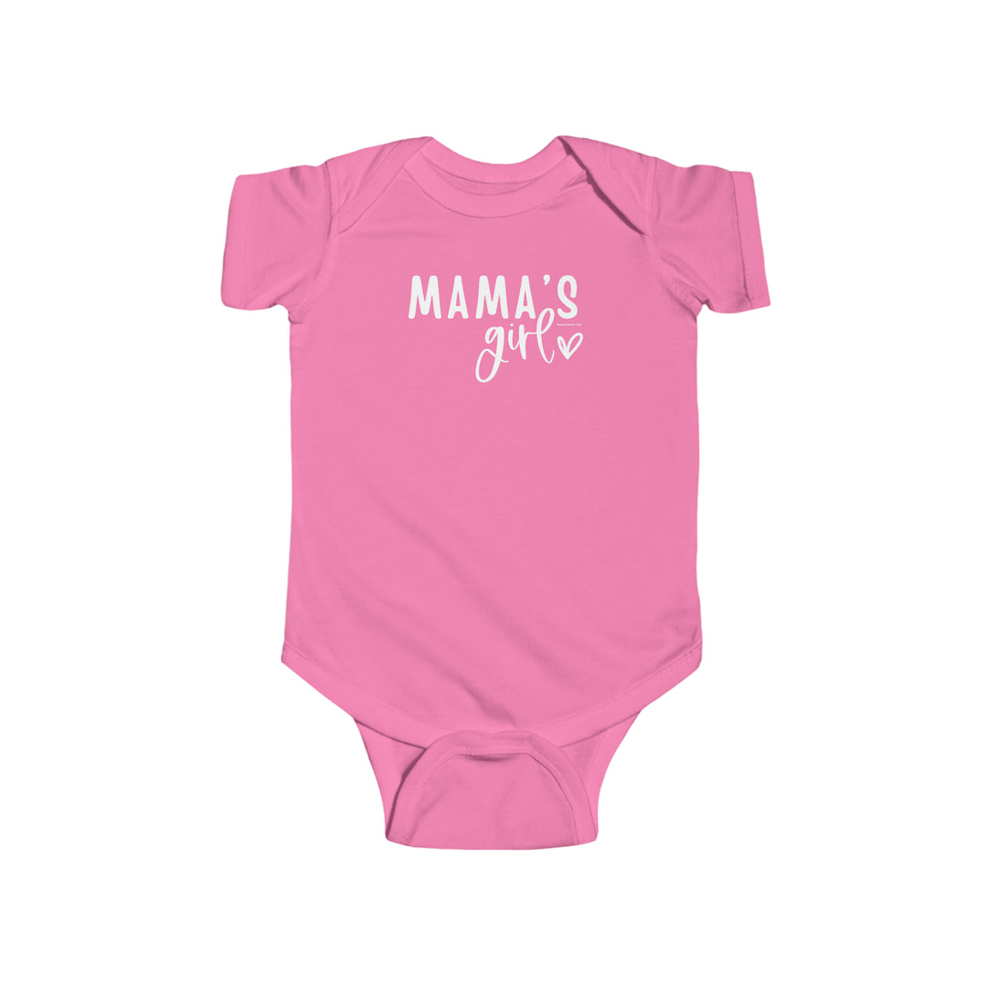 Infant fine jersey bodysuit, Mama's Girl Onesie. Pink romper with white text, 100% cotton fabric, ribbed knit bindings, and plastic snaps for easy changing. Light, durable, tear-away label. From Worlds Worst Tees.