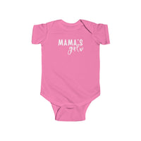 Infant fine jersey bodysuit, Mama's Girl Onesie. Pink romper with white text, 100% cotton fabric, ribbed knit bindings, and plastic snaps for easy changing. Light, durable, tear-away label. From Worlds Worst Tees.