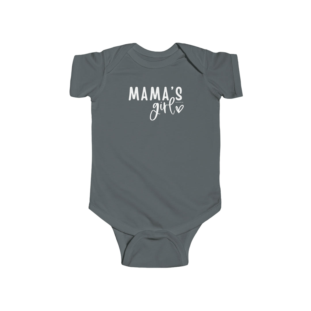 A durable and soft Mama's Girl Onesie for infants, featuring 100% cotton fabric with ribbed knitting for durability. Plastic snaps at the cross closure for easy changing access. Available in various sizes.
