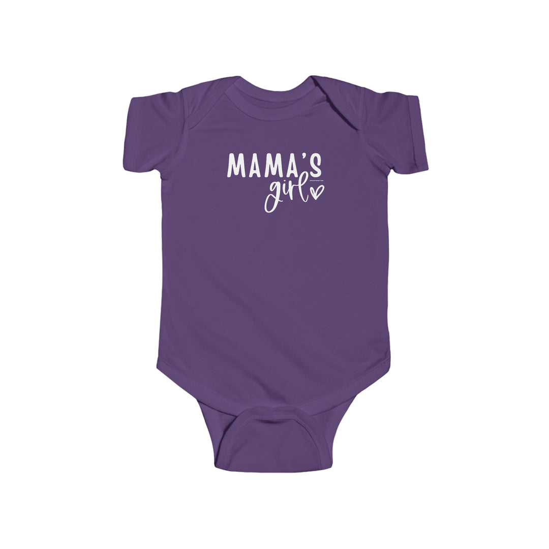 Infant fine jersey bodysuit with plastic snaps at cross closure for easy changing access. 100% cotton fabric for durability and softness. Mama's Girl Onesie from Worlds Worst Tees.