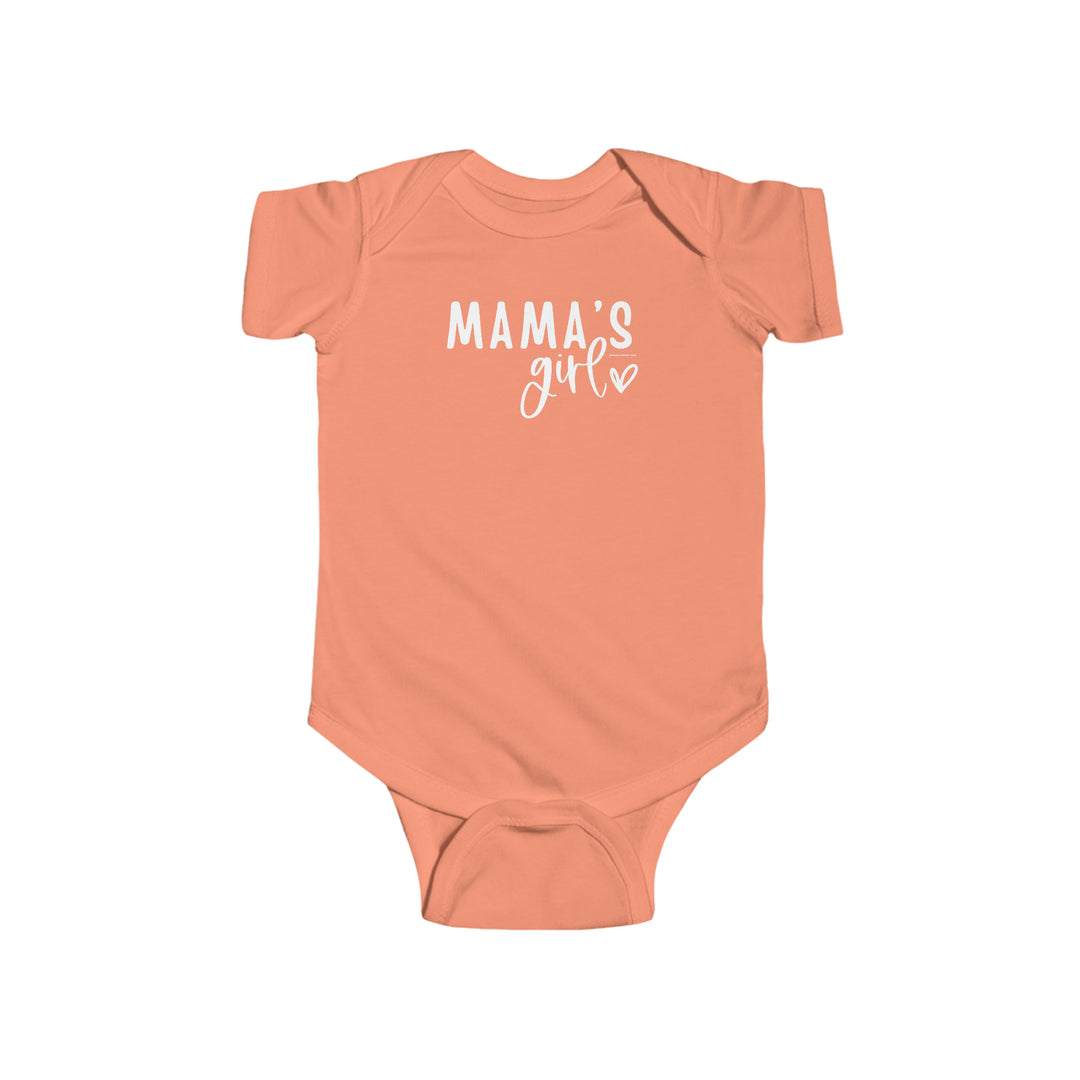 A durable and soft Mama's Girl Onesie for infants, featuring 100% cotton fabric with ribbed knitting for durability. Plastic snaps for easy changing access. Combed ringspun cotton, light fabric, tear away label.