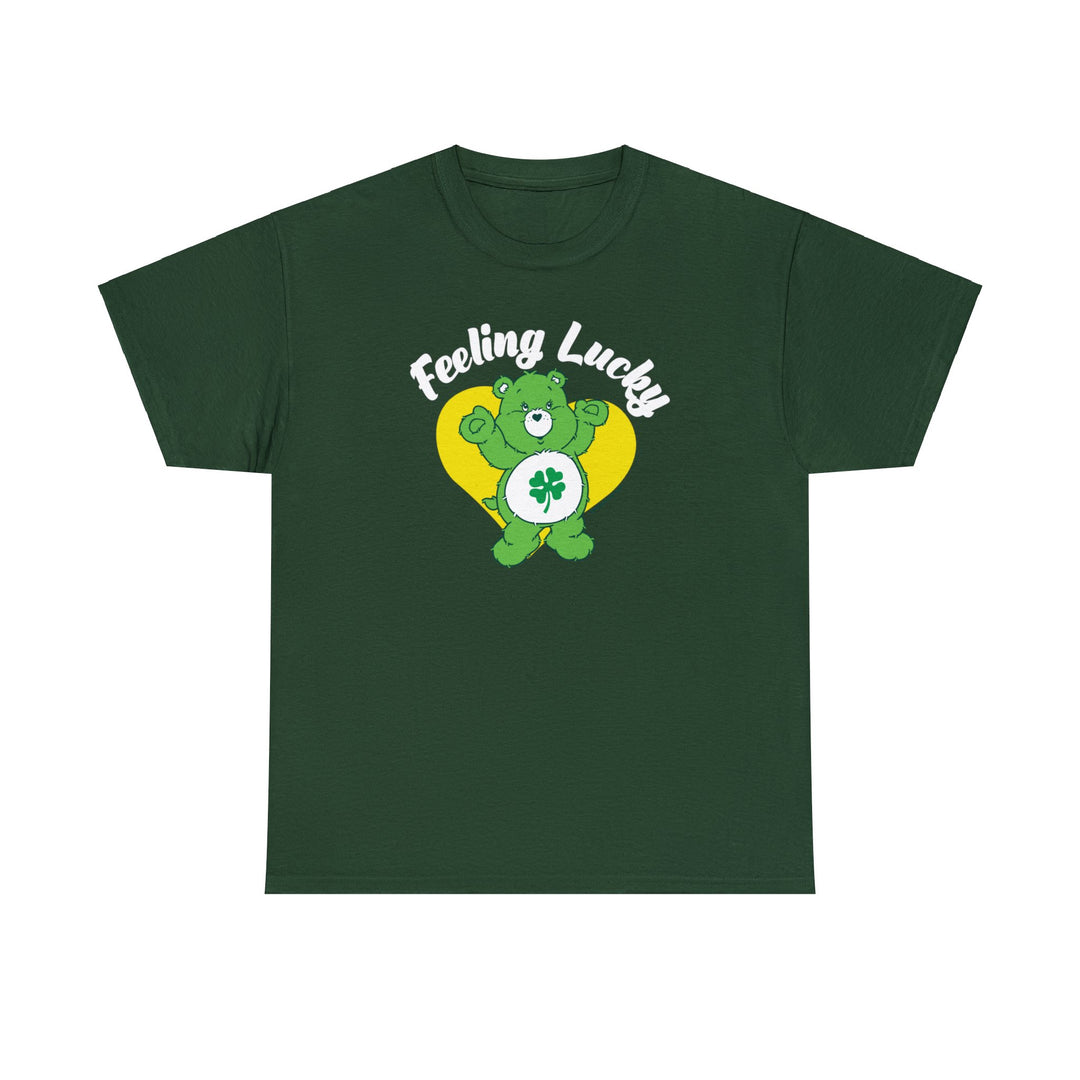 A green t-shirt featuring a bear with a clover, part of the Feeling Lucky Tee collection at Worlds Worst Tees. Unisex heavy cotton tee with ribbed knit collar, tape shoulders, and no side seams.