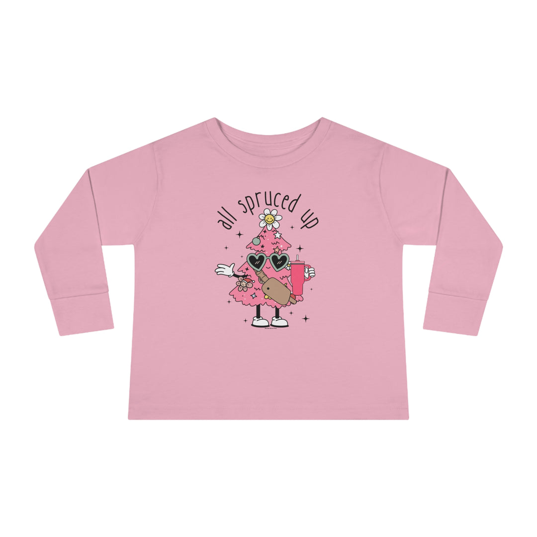 A custom toddler long-sleeve tee featuring a cartoon Christmas tree design. Made of 100% combed ringspun cotton, with topstitched ribbed collar and EasyTear™ label for sensitive skin. From 'Worlds Worst Tees'.