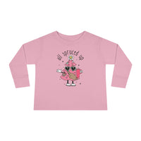 A custom toddler long-sleeve tee featuring a cartoon Christmas tree design. Made of 100% combed ringspun cotton, with topstitched ribbed collar and EasyTear™ label for sensitive skin. From 'Worlds Worst Tees'.