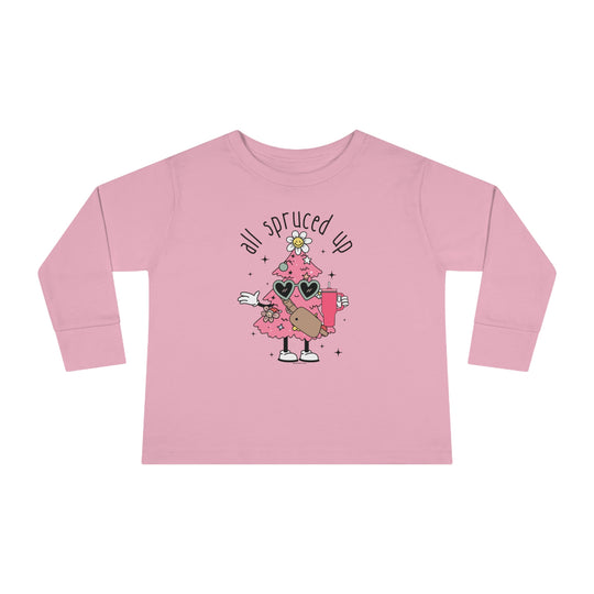 A custom toddler long-sleeve tee featuring a cartoon Christmas tree design. Made of 100% combed ringspun cotton, with topstitched ribbed collar and EasyTear™ label for sensitive skin. From 'Worlds Worst Tees'.