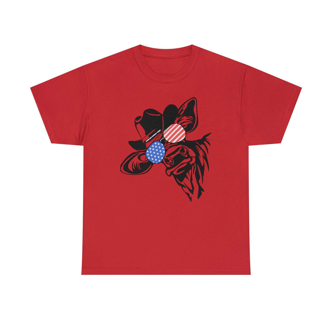 Unisex red tee featuring a cow in a hat and glasses, ideal for casual wear. No side seams for comfort, ribbed knit collar, and durable tape on shoulders. Available in various sizes.
