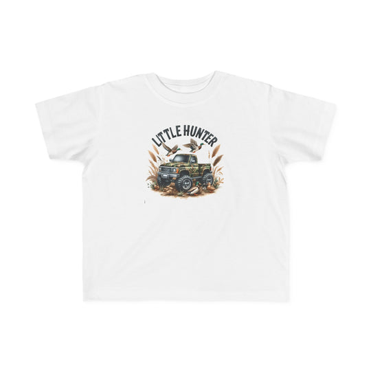 Little Hunter Toddler Tee featuring a white t-shirt with a truck and birds print. Soft 100% combed ringspun cotton, light fabric, tear-away label, classic fit. Ideal for toddlers' sensitive skin and first adventures.