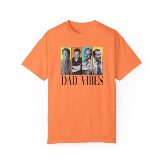A relaxed fit Dad Vibes Tee featuring a group of men, crafted from 100% ring-spun cotton for ultimate comfort. Garment-dyed with double-needle stitching for durability and a tubular shape.