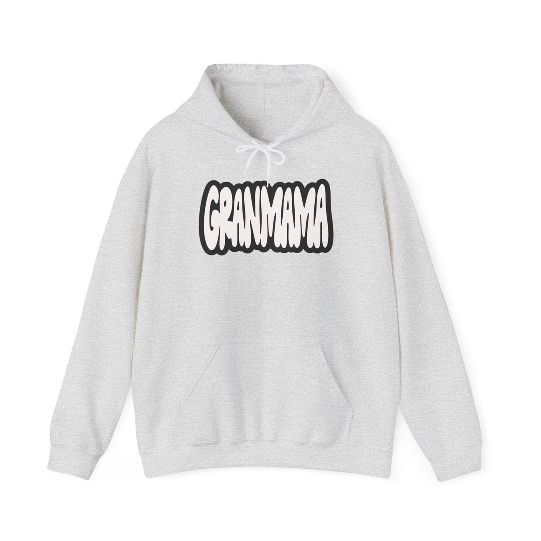 Granmama Hoodie: White sweatshirt with black text, kangaroo pocket, and drawstring. Unisex, cotton-polyester blend, plush and warm. Ideal for cold days. Medium-heavy fabric, tear-away label, classic fit. Worlds Worst Tees.